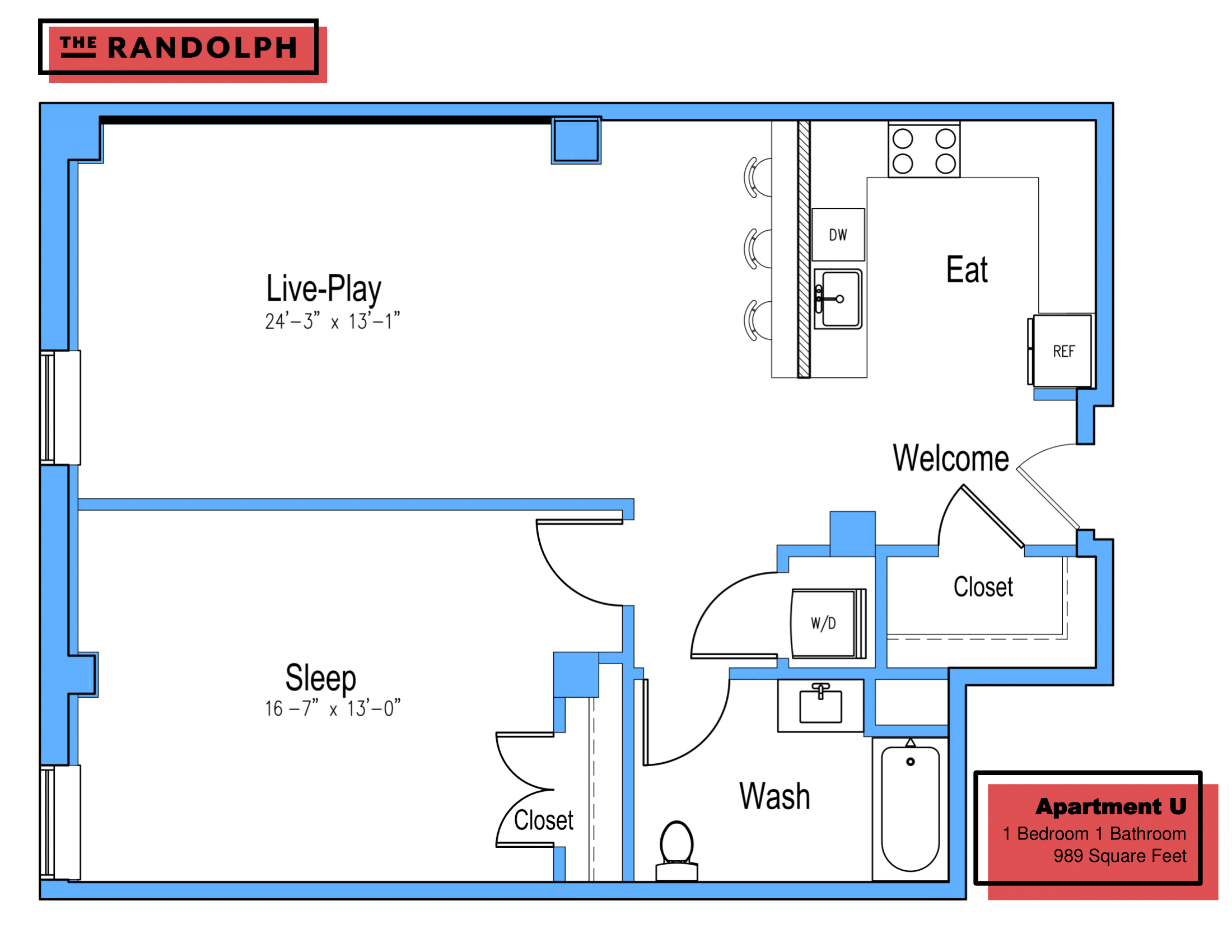 Floor plan for 1 bed, 1 bath, 823 sqft